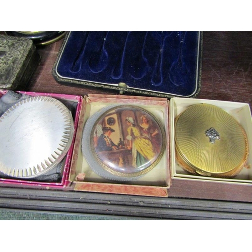 66 - CUTLERY & COMPACTS, collection of assorted plated cutlery, 2 cigarette cases, vintage compacts and c... 