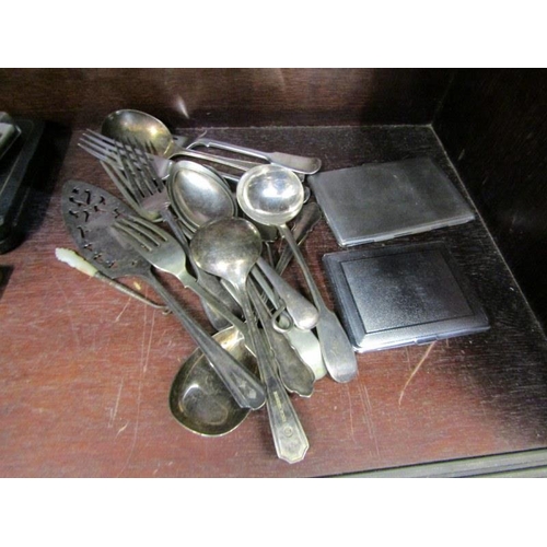 66 - CUTLERY & COMPACTS, collection of assorted plated cutlery, 2 cigarette cases, vintage compacts and c... 