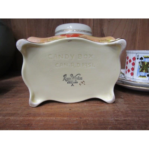 77 - YARDLEY LIDDED GINGER JAR, Royal Winton candy box and playing card design coffee ware