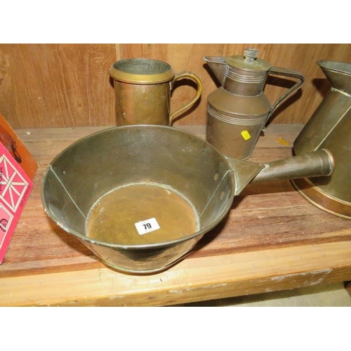 79 - ANTIQUE METALWARE, 2 conical jugs, Topsham copper pan by W Pope and brass quart tankard