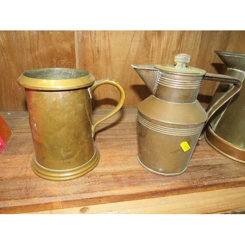 79 - ANTIQUE METALWARE, 2 conical jugs, Topsham copper pan by W Pope and brass quart tankard