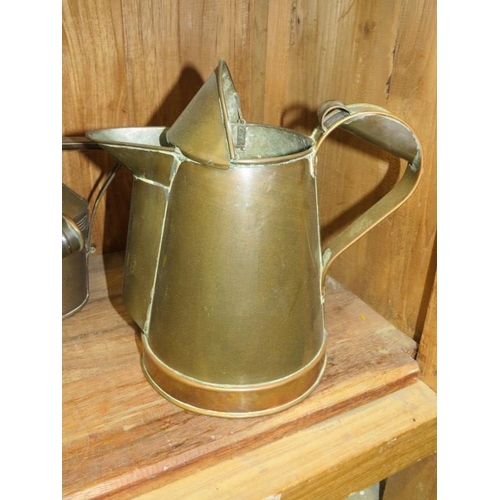 79 - ANTIQUE METALWARE, 2 conical jugs, Topsham copper pan by W Pope and brass quart tankard