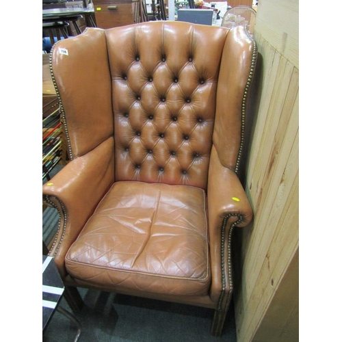 794 - GEORGIAN DESIGN BUTTON BACK WING ARMCHAIR with brass studding trim