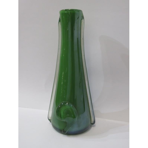 8 - RETRO GLASS, green glass 31cm vase & 2 decorative glass dishes