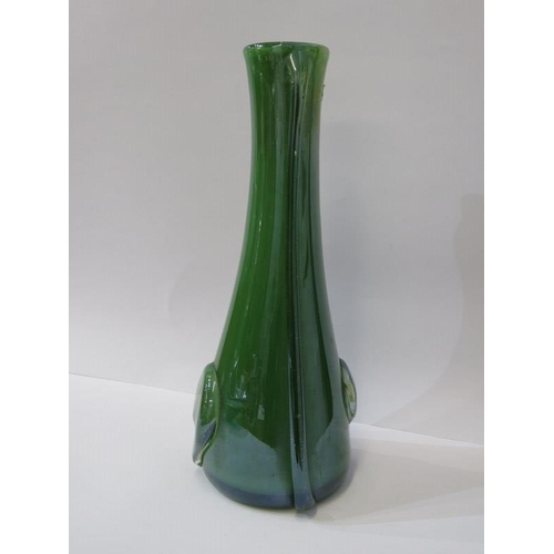 8 - RETRO GLASS, green glass 31cm vase & 2 decorative glass dishes