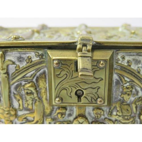 83 - ANTIQUE BRASSWARE, a gothic design brass jewellery casket, 2 brass spoons and embossed brass dragon ... 