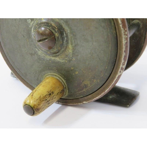 86 - VINTAGE ANGLING, antique fishing reel by J Gillett, Fetter lane London, 6cm diameter; together with ... 