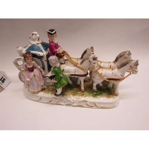 91 - MONKEY BAND, 7 piece porcelain monkey band, porcelain carriage group and lace encrusted figure