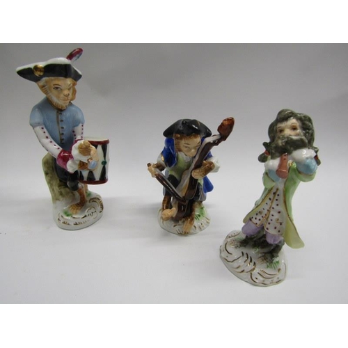 91 - MONKEY BAND, 7 piece porcelain monkey band, porcelain carriage group and lace encrusted figure