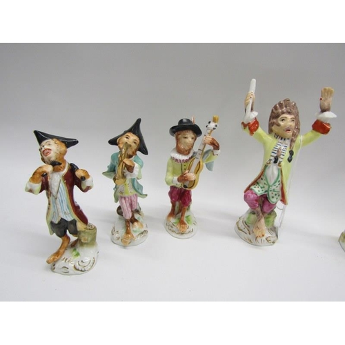 91 - MONKEY BAND, 7 piece porcelain monkey band, porcelain carriage group and lace encrusted figure