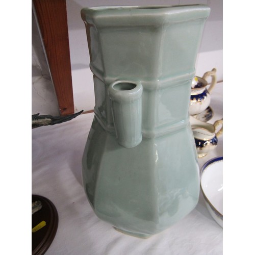 10 - ORIENTAL CERAMICS, a modern celadon glazed 33cm twin handled vase