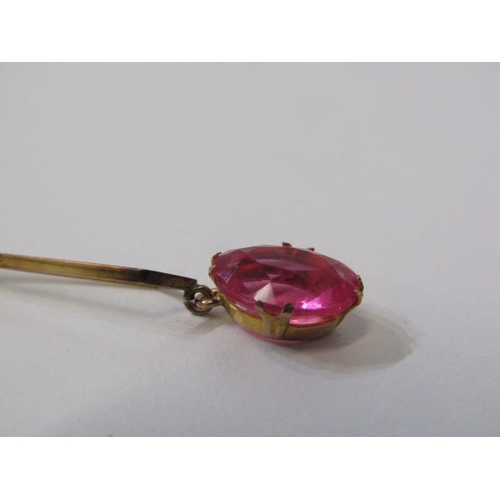 56 - 9CT YELLOW GOLD PINK STONE DROP PENDANT, on 9ct yellow gold chain