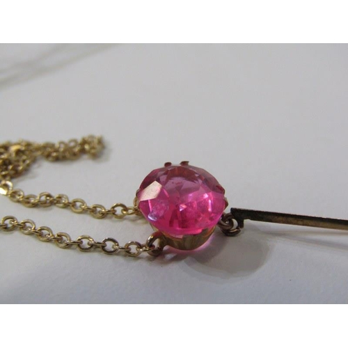 56 - 9CT YELLOW GOLD PINK STONE DROP PENDANT, on 9ct yellow gold chain