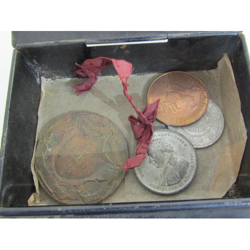 100 - SMALL COLLECTION HORSE BRASSES, vintage metal cash box, assorted medals including Victorian Sunday S... 