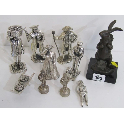 105 - BRONZE SCULPTURE, Hare market trader on marble base, together with collection of silvered pewter fig... 