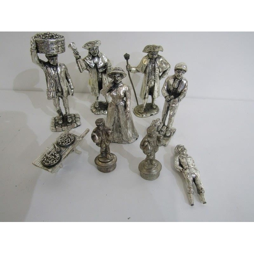 105 - BRONZE SCULPTURE, Hare market trader on marble base, together with collection of silvered pewter fig... 