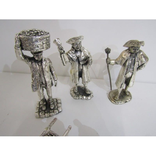 105 - BRONZE SCULPTURE, Hare market trader on marble base, together with collection of silvered pewter fig... 