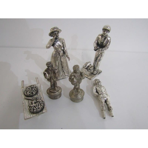 105 - BRONZE SCULPTURE, Hare market trader on marble base, together with collection of silvered pewter fig... 