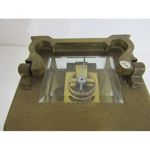 107 - CARRIAGE CLOCK, brass cased carriage clock with bevelled glass panels, 12cm height