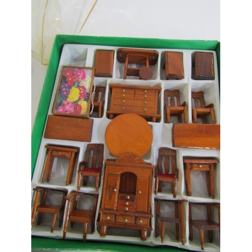 113 - DOLLS HOUSE FURNITURE, boxed collection of assorted wooden furniture