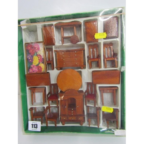 113 - DOLLS HOUSE FURNITURE, boxed collection of assorted wooden furniture