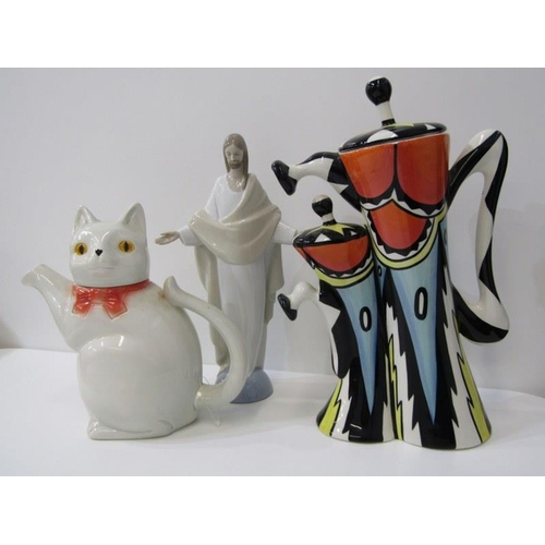 12 - LORNA BAILEY, collector's club coffee pot, 35cm height also Nao Christ figure & comical cat teapot