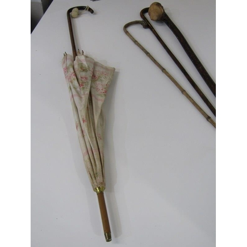 128 - SILVER MOUNTED WALKING STICK, parasol and 2 other sticks