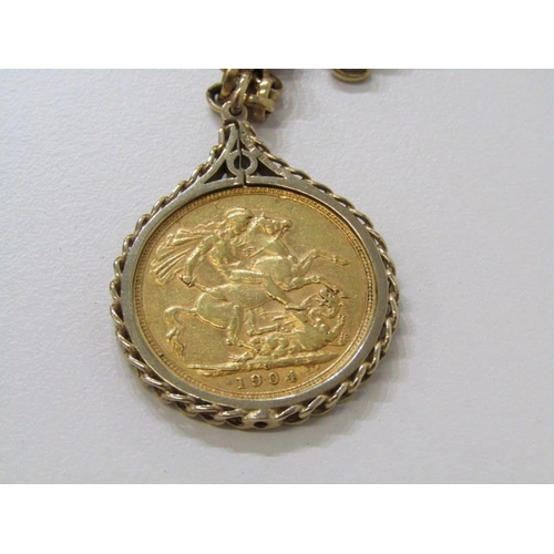 130 - MOUNTED SOVEREIGN PENDANT, on belcher chain, 1904 Edward VII, gold sovereign in loose mount on 20