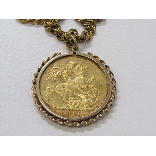 131 - GOLD SOVEREIGN PENDANT ON CHAIN, Victoria 1900 gold sovereign in a loose mount on a 9ct 20