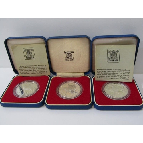 132 - 3 QUEEN ELIZABETH II SILVER JUBILEE CROWNS, each boxed with CoA, sterling silver, 28.26grms per coin