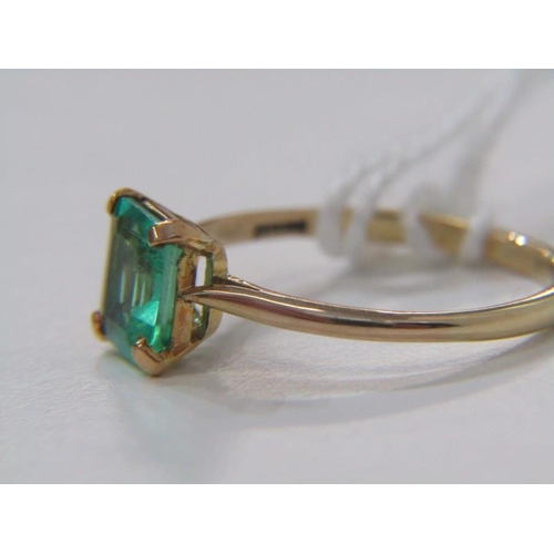 134 - EMERALD SOLITAIRE RING, 18ct yellow gold ring, set with cushion cut square form emerald, size P, app... 