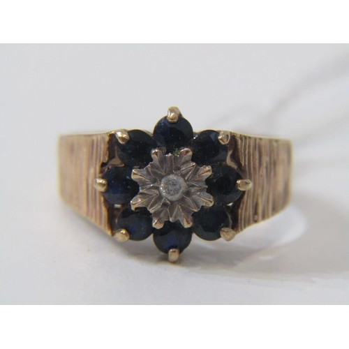 138 - SAPPHIRE & DIAMOND CLUSTER RING, 9ct yellow gold ring, set with central diamond surrounded by a clus... 