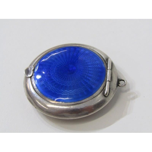 141 - SILVER ENAMEL COMPACT, a circular silver compact with blue enamel decoration, 4.5cm diameter, makers... 