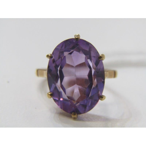 144 - AMETHYST RING, 9ct yellow gold ring set with large oval cushion cut amethyst, approx 15mm spread, si... 