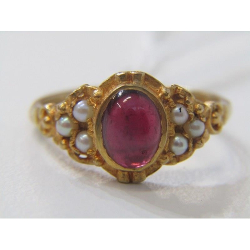 146 - ANTIQUE CABOCHON RING, a 9ct yellow gold ring, set a cabochon stone, possibly garnet, set with 3 see... 