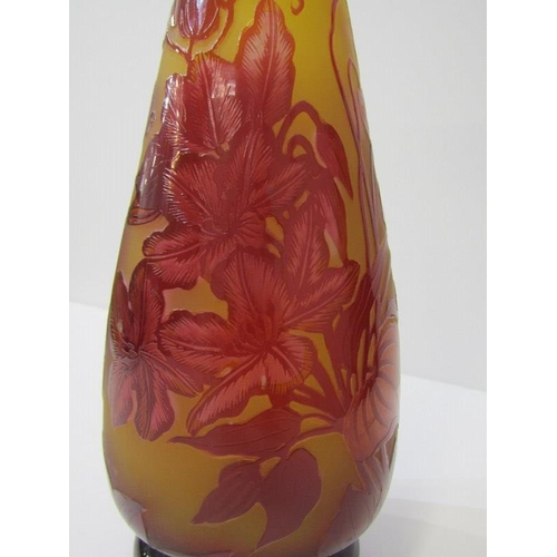 15 - CAMEO GLASS, red cameo glass 32cm vase decorated with lilies signed Galle