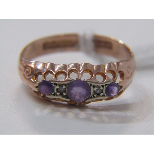 152 - ANTIQUE AMETHYST & DIAMOND RING, 9ct yellow gold ring, set 3 graduated amethyst, size M