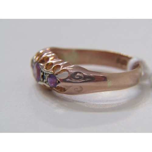 152 - ANTIQUE AMETHYST & DIAMOND RING, 9ct yellow gold ring, set 3 graduated amethyst, size M