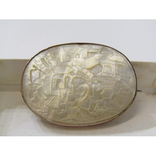 154 - MOTHER OF PEARL BROOCH, Mother of Pearl oval bar brooch decorated a village scene, a Mother of Pearl... 