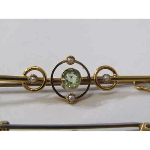 155 - VINTAGE BAR BROOCHES, 15ct yellow gold peridot & seed pearl bar brooch, 2.5grms together with a 9ct ... 