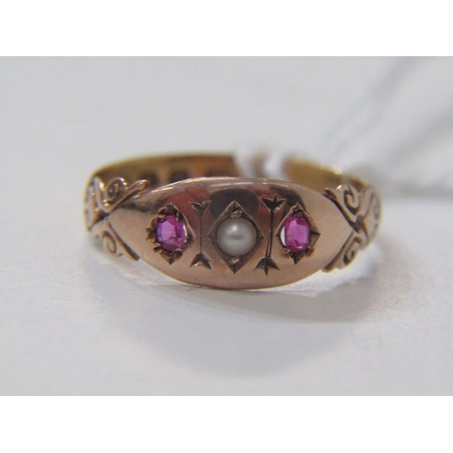 158 - ANTIQUE GYPSY RING, 22ct yellow gold, seed pearl & ruby 3 stone ring, size N