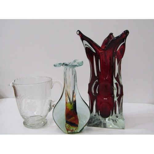 16 - ART GLASS, cut glass lemonade jug & 2 coloured glass vases