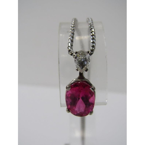 163 - QUALITY DIAMOND & PINK TOURMALINE PENDANT ON CHAIN, 18ct white gold set pendant set a large oval cus... 