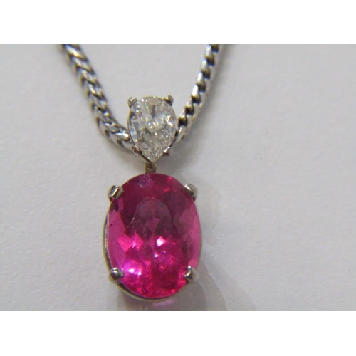 163 - QUALITY DIAMOND & PINK TOURMALINE PENDANT ON CHAIN, 18ct white gold set pendant set a large oval cus... 