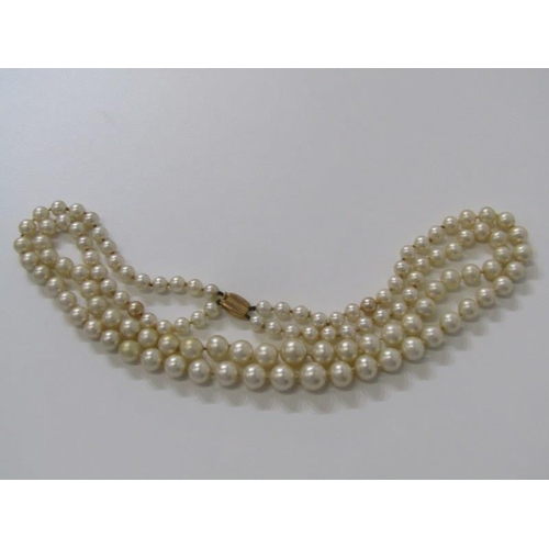 164 - PEARL DOUBLE RUN NECKLACE with 9ct gold clasp, 18