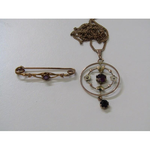 181 - ART NOUVEAU PENDANT, 9ct gold Art Nouveau pendant, set 2 garnets on 18