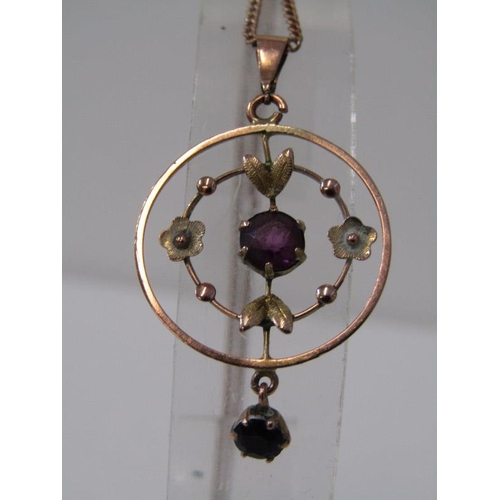 181 - ART NOUVEAU PENDANT, 9ct gold Art Nouveau pendant, set 2 garnets on 18