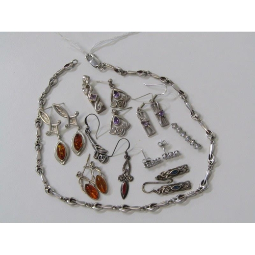 193 - SILVER JEWELLERY, collection of silver stoneset earrings, including amber and amethyst, also drop pe... 