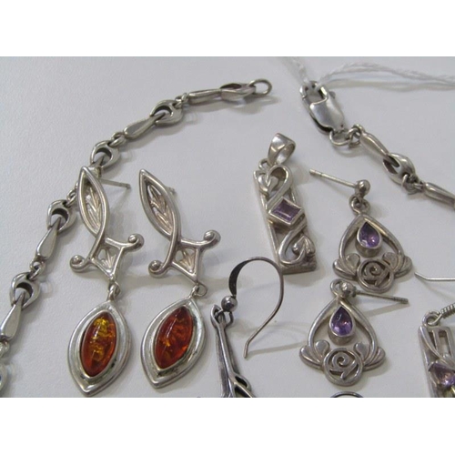 193 - SILVER JEWELLERY, collection of silver stoneset earrings, including amber and amethyst, also drop pe... 