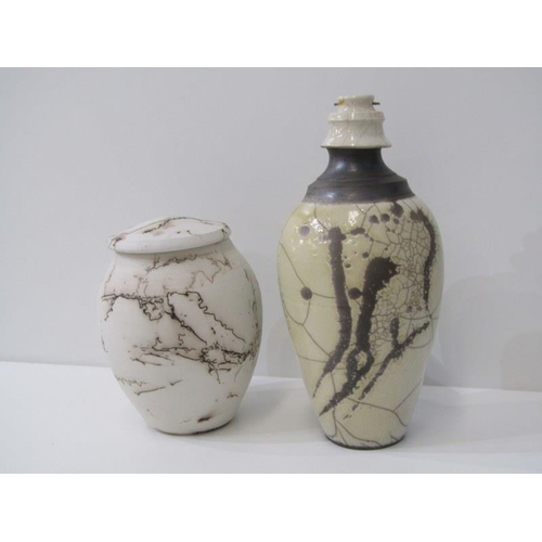 2 - STUDIO POTTERY, Raku glazed decanter bottle together with 15cm lidded Studio Pottery jar